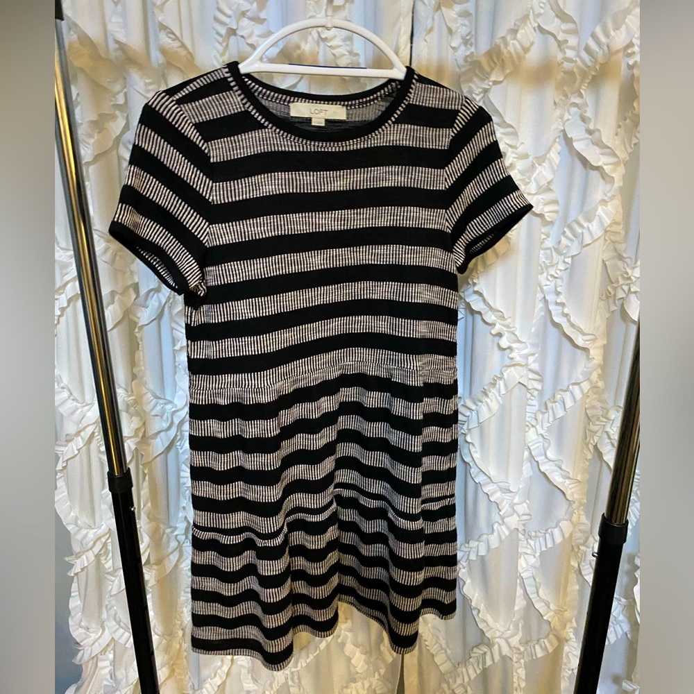LOFT Black and White Striped Midi Dress